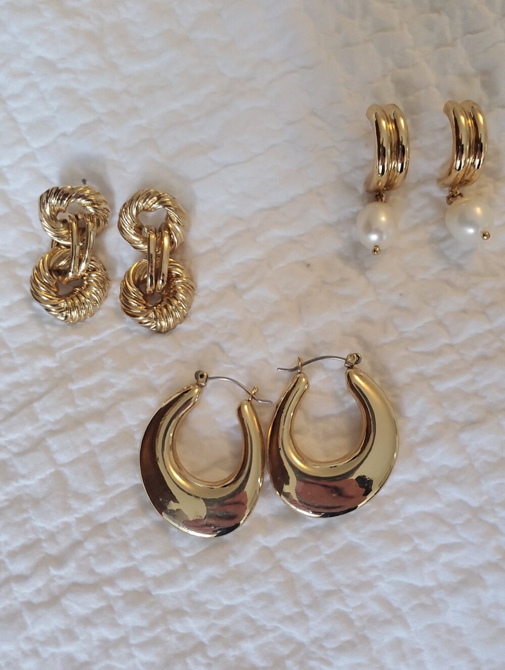 Trio Set Of Gold-Tone Earrings - Hoops, Pearls, Nautical Knot Style